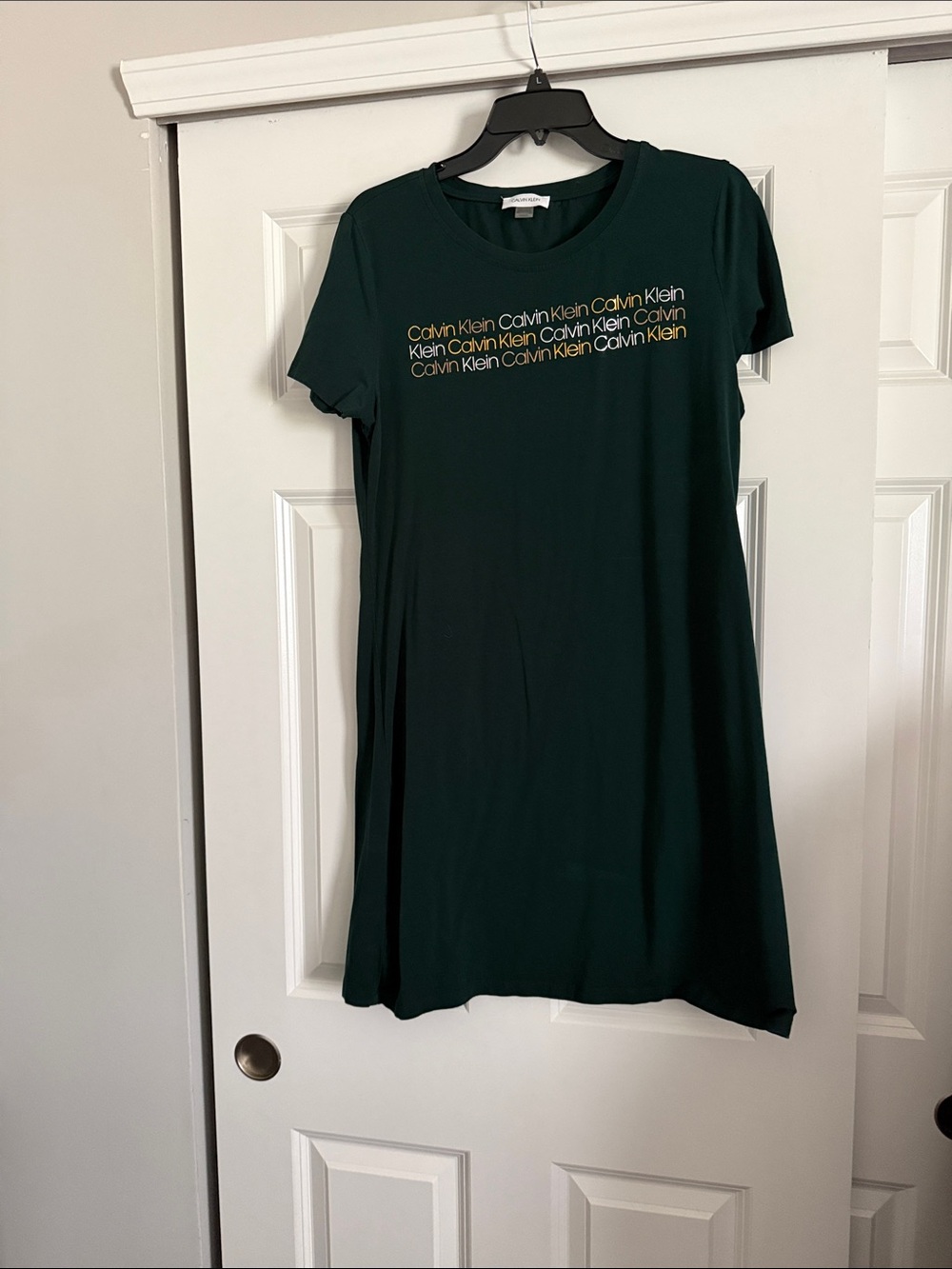 Calvin Klein Dark Green Logo Tee Dress with Gold Script